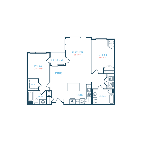 Floor plan for 2 beds, 2 baths, 1172 sqft